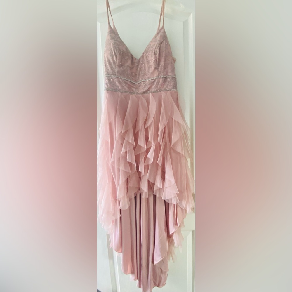 Stunning and super fun, hi-low, ruffle dress with rhinestone trim. - Picture 1 of 5